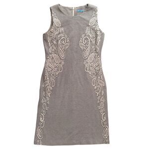 J. McLaughlin Black Gray Checked Dress Paisley Inset Stretch Midi Size Medium